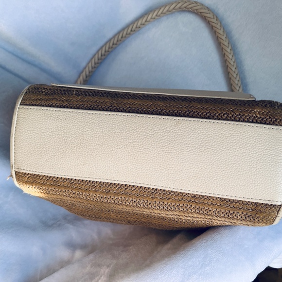 BRIGHTON Cream & Tan Raffia Wicker Genuine Leather Shoulder Bag Tote Purse - Picture 9 of 14